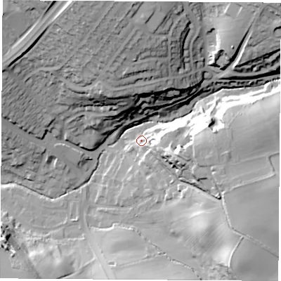 Shaded relief map of the ground around S604HX, computed from Environment Agency LiDAR. The ground here sits at about 40 m above sea level and falls 47 m across the surrounding 800 m. Surface water reaching this point runs off ground lying to the east-south-east, 26.4 m higher.