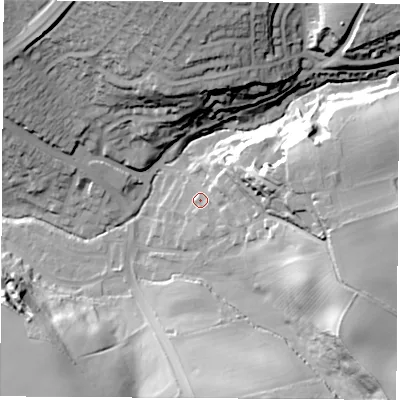 Shaded relief map of the ground around S604HY, computed from Environment Agency LiDAR. The ground here sits at about 39 m above sea level and falls 42 m across the surrounding 800 m. Surface water reaching this point runs off ground lying to the east-north-east, 25.3 m higher.