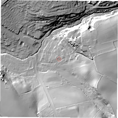 Shaded relief map of the ground around S604JD, computed from Environment Agency LiDAR. The ground here sits at about 40 m above sea level and falls 40 m across the surrounding 800 m. Surface water reaching this point runs off ground lying to the east, 28.7 m higher.