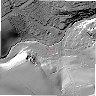 Shaded relief map of the ground around S604JQ, computed from Environment Agency LiDAR. The ground here sits at about 34 m above sea level and falls 42 m across the surrounding 800 m. Surface water reaching this point runs off ground lying to the south-east, 39.8 m higher.