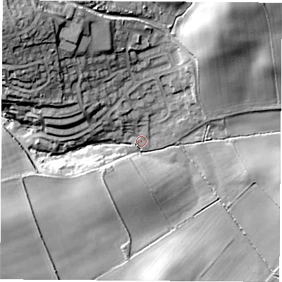 Shaded relief map of the ground around S604NH, computed from Environment Agency LiDAR. The ground here sits at about 49 m above sea level and falls 33 m across the surrounding 800 m. Surface water reaching this point runs off ground lying to the north-west, 27.6 m higher.