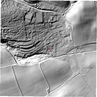 Shaded relief map of the ground around S604NN, computed from Environment Agency LiDAR. The ground here sits at about 50 m above sea level and falls 34 m across the surrounding 800 m. Surface water reaching this point runs off ground lying to the north-north-west, 3.9 m higher.