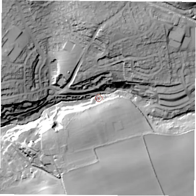 Shaded relief map of the ground around S604NQ, computed from Environment Agency LiDAR. The ground here sits at about 44 m above sea level and falls 44 m across the surrounding 800 m. Surface water reaching this point runs off ground lying to the north, 36.1 m higher.