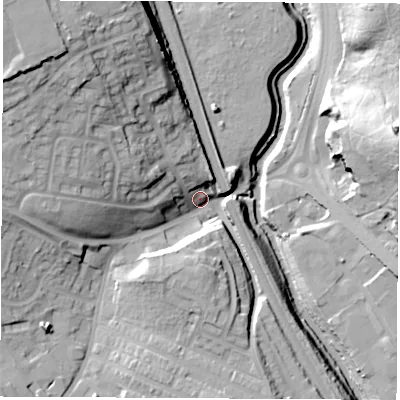 Shaded relief map of the ground around S605DN, computed from Environment Agency LiDAR. The ground here sits at about 32 m above sea level and falls 37 m across the surrounding 800 m. Surface water reaching this point runs off ground lying to the north-west, 31.7 m higher.