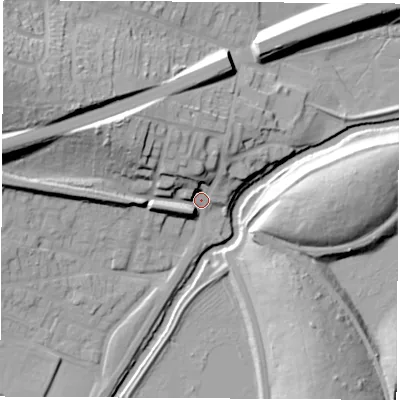 Shaded relief map of the ground around S605GE, computed from Environment Agency LiDAR. The ground here sits at about 31 m above sea level and falls 34 m across the surrounding 800 m. Surface water reaching this point runs off ground lying to the north-north-west, 13.8 m higher.