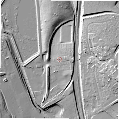 Shaded relief map of the ground around S605PL, computed from Environment Agency LiDAR. The ground here sits at about 33 m above sea level and falls 40 m across the surrounding 800 m. Surface water reaching this point runs off ground lying to the east, 8.0 m higher.