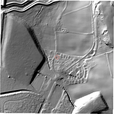 Shaded relief map of the ground around S605QZ, computed from Environment Agency LiDAR. The ground here sits at about 34 m above sea level and falls 59 m across the surrounding 800 m. Surface water reaching this point runs off ground lying to the east-south-east, 11.9 m higher.