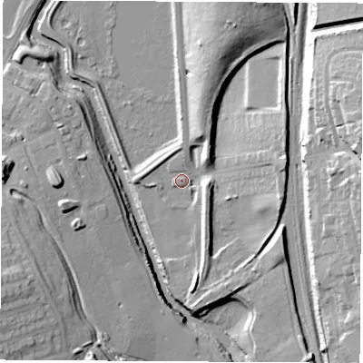 Shaded relief map of the ground around S605RQ, computed from Environment Agency LiDAR. The ground here sits at about 30 m above sea level and falls 30 m across the surrounding 800 m. Surface water reaching this point runs off ground lying to the north-north-east, 15.3 m higher.