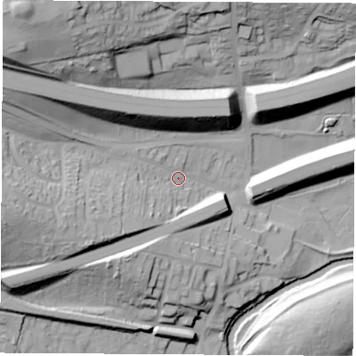 Shaded relief map of the ground around S605SG, computed from Environment Agency LiDAR. The ground here sits at about 34 m above sea level and falls 53 m across the surrounding 800 m. Surface water reaching this point runs off ground lying to the west, 29.1 m higher.