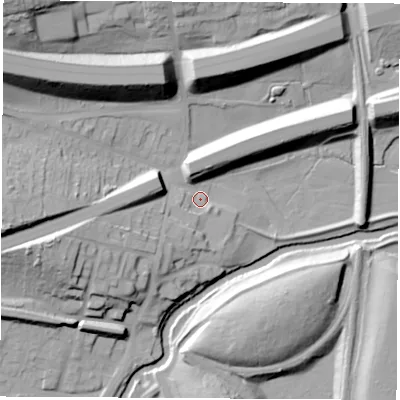 Shaded relief map of the ground around S605SN, computed from Environment Agency LiDAR. The ground here sits at about 30 m above sea level and falls 41 m across the surrounding 800 m. Surface water reaching this point runs off ground lying to the north-west, 37.0 m higher.