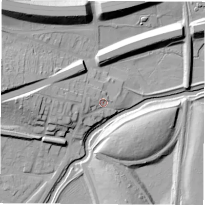 Shaded relief map of the ground around S605SP, computed from Environment Agency LiDAR. The ground here sits at about 33 m above sea level and falls 33 m across the surrounding 800 m. Surface water reaching this point runs off ground lying to the west-south-west, 7.4 m higher.