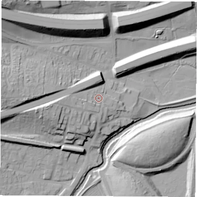 Shaded relief map of the ground around S605SW, computed from Environment Agency LiDAR. The ground here sits at about 36 m above sea level and falls 42 m across the surrounding 800 m. Surface water reaching this point runs off ground lying to the west, 16.4 m higher.