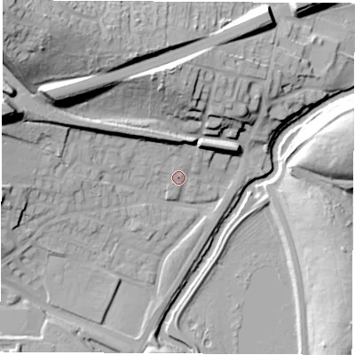 Shaded relief map of the ground around S605SY, computed from Environment Agency LiDAR. The ground here sits at about 31 m above sea level and falls 40 m across the surrounding 800 m. Surface water reaching this point runs off ground lying to the north-north-west, 8.9 m higher.