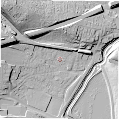 Shaded relief map of the ground around S605SZ, computed from Environment Agency LiDAR. The ground here sits at about 32 m above sea level and falls 46 m across the surrounding 800 m. Surface water reaching this point runs off ground lying to the west-north-west, 23.2 m higher.