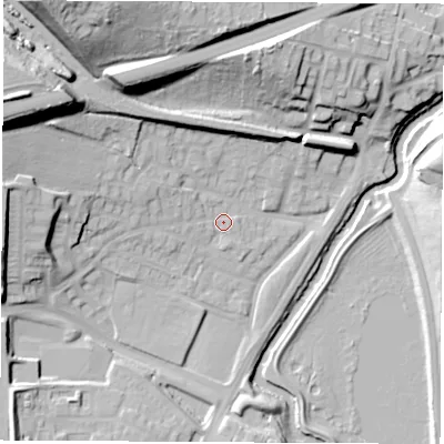 Shaded relief map of the ground around S605TA, computed from Environment Agency LiDAR. The ground here sits at about 31 m above sea level and falls 40 m across the surrounding 800 m. Surface water reaching this point runs off ground lying to the west-north-west, 5.4 m higher.
