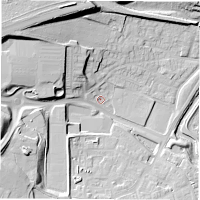 Shaded relief map of the ground around S605TB, computed from Environment Agency LiDAR. The ground here sits at about 31 m above sea level and falls 35 m across the surrounding 800 m. Surface water reaching this point runs off ground lying to the north-west, 20.4 m higher.
