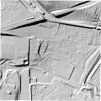 Shaded relief map of the ground around S605TD, computed from Environment Agency LiDAR. The ground here sits at about 33 m above sea level and falls 35 m across the surrounding 800 m. Surface water reaching this point runs off ground lying to the west-north-west, 26.6 m higher.