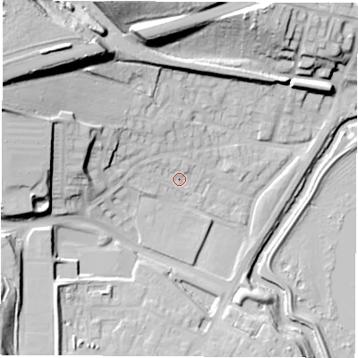 Shaded relief map of the ground around S605TE, computed from Environment Agency LiDAR. The ground here sits at about 31 m above sea level and falls 34 m across the surrounding 800 m. Surface water reaching this point runs off ground lying to the north-west, 7.2 m higher.