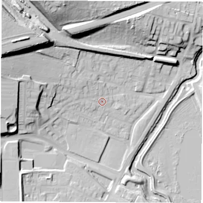 Shaded relief map of the ground around S605TF, computed from Environment Agency LiDAR. The ground here sits at about 32 m above sea level and falls 37 m across the surrounding 800 m. Surface water reaching this point runs off ground lying to the north-west, 4.6 m higher.
