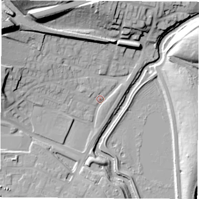 Shaded relief map of the ground around S605TG, computed from Environment Agency LiDAR. The ground here sits at about 29 m above sea level and falls 31 m across the surrounding 800 m. Surface water reaching this point runs off ground lying to the north-west, 28.5 m higher.
