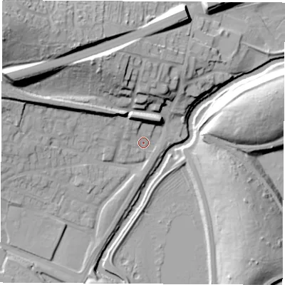 Shaded relief map of the ground around S605TH, computed from Environment Agency LiDAR. The ground here sits at about 30 m above sea level and falls 37 m across the surrounding 800 m. Surface water reaching this point runs off ground lying to the west-north-west, 23.6 m higher.