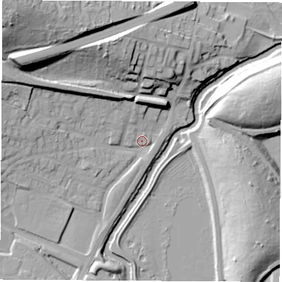 Shaded relief map of the ground around S605TQ, computed from Environment Agency LiDAR. The ground here sits at about 29 m above sea level and falls 37 m across the surrounding 800 m. Surface water reaching this point runs off ground lying to the west-north-west, 15.0 m higher.