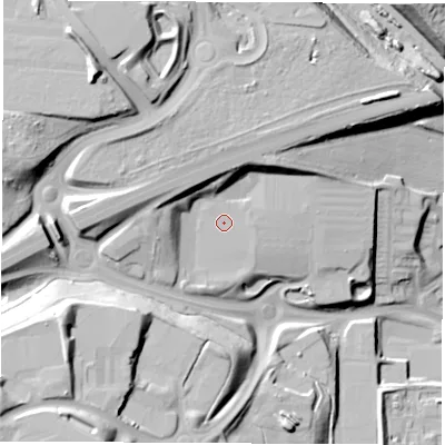 Shaded relief map of the ground around S605TR, computed from Environment Agency LiDAR. The ground here sits at about 51 m above sea level and falls 45 m across the surrounding 800 m. Surface water reaching this point runs off ground lying to the north-west, 10.6 m higher.
