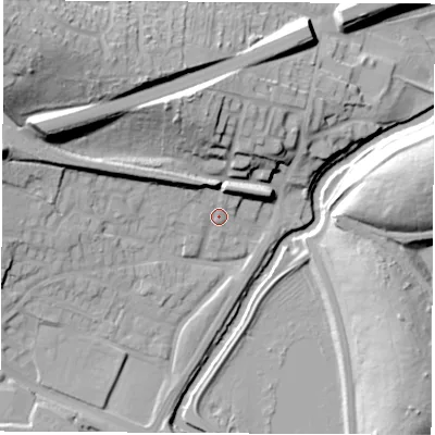 Shaded relief map of the ground around S605TT, computed from Environment Agency LiDAR. The ground here sits at about 31 m above sea level and falls 38 m across the surrounding 800 m. Surface water reaching this point runs off ground lying to the north-west, 33.5 m higher.