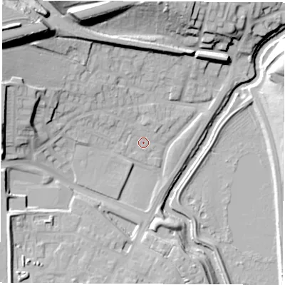 Shaded relief map of the ground around S605TX, computed from Environment Agency LiDAR. The ground here sits at about 30 m above sea level and falls 33 m across the surrounding 800 m. Surface water reaching this point runs off ground lying to the north-west, 7.2 m higher.