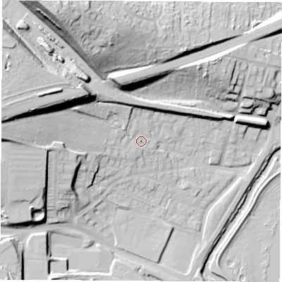 Shaded relief map of the ground around S605UR, computed from Environment Agency LiDAR. The ground here sits at about 35 m above sea level and falls 45 m across the surrounding 800 m. Surface water reaching this point runs off ground lying to the west-north-west, 24.8 m higher.