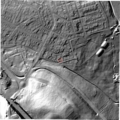 Shaded relief map of the ground around S608AX, computed from Environment Agency LiDAR. The ground here sits at about 47 m above sea level and falls 53 m across the surrounding 800 m. Surface water reaching this point runs off ground lying to the west-south-west, 13.9 m higher.
