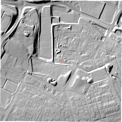 Shaded relief map of the ground around S608DE, computed from Environment Agency LiDAR. The ground here sits at about 40 m above sea level and falls 35 m across the surrounding 800 m. Surface water reaching this point runs off ground lying to the south-south-east, 0.9 m higher.