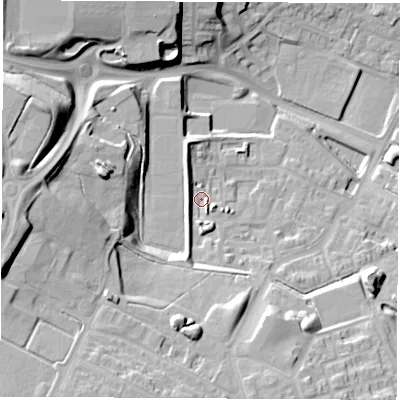 Shaded relief map of the ground around S608DR, computed from Environment Agency LiDAR. The ground here sits at about 38 m above sea level and falls 34 m across the surrounding 800 m. Surface water reaching this point runs off ground lying to the west-south-west, 4.8 m higher.