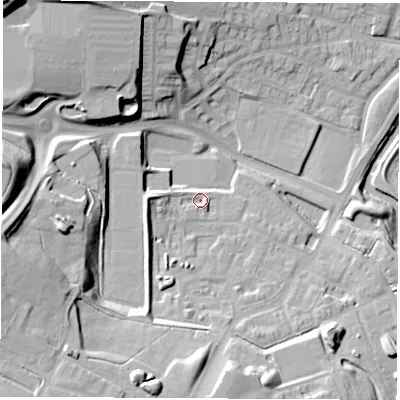 Shaded relief map of the ground around S608DX, computed from Environment Agency LiDAR. The ground here sits at about 35 m above sea level and falls 34 m across the surrounding 800 m. Surface water reaching this point runs off ground lying to the west-south-west, 7.1 m higher.