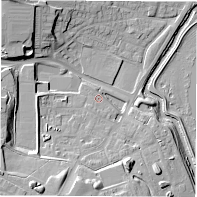 Shaded relief map of the ground around S608DY, computed from Environment Agency LiDAR. The ground here sits at about 34 m above sea level and falls 27 m across the surrounding 800 m. Surface water reaching this point runs off ground lying to the south-west, 21.0 m higher.
