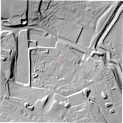 Shaded relief map of the ground around S608DZ, computed from Environment Agency LiDAR. The ground here sits at about 35 m above sea level and falls 29 m across the surrounding 800 m. Surface water reaching this point runs off ground lying to the south-west, 8.3 m higher.
