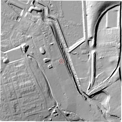 Shaded relief map of the ground around S608EF, computed from Environment Agency LiDAR. The ground here sits at about 33 m above sea level and falls 26 m across the surrounding 800 m. Surface water reaching this point runs off ground lying to the west-south-west, 8.1 m higher.