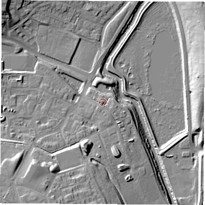 Shaded relief map of the ground around S608EG, computed from Environment Agency LiDAR. The ground here sits at about 34 m above sea level and falls 27 m across the surrounding 800 m. Surface water reaching this point runs off ground lying to the south-west, 17.8 m higher.