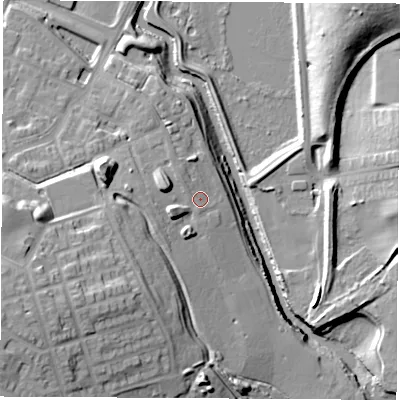 Shaded relief map of the ground around S608EJ, computed from Environment Agency LiDAR. The ground here sits at about 35 m above sea level and falls 26 m across the surrounding 800 m. Surface water reaching this point runs off ground lying to the west-south-west, 7.3 m higher.