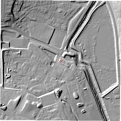 Shaded relief map of the ground around S608EL, computed from Environment Agency LiDAR. The ground here sits at about 33 m above sea level and falls 27 m across the surrounding 800 m. Surface water reaching this point runs off ground lying to the south-west, 22.5 m higher.