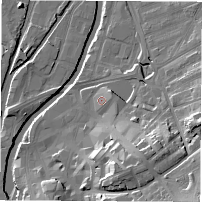 Shaded relief map of the ground around S609SG, computed from Environment Agency LiDAR. The ground here sits at about 29 m above sea level and falls 38 m across the surrounding 800 m. Surface water reaching this point runs off ground lying to the east, 1.7 m higher.
