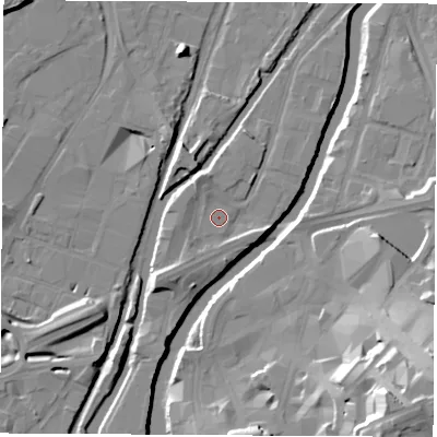 Shaded relief map of the ground around S609ZT, computed from Environment Agency LiDAR. The ground here sits at about 25 m above sea level and falls 30 m across the surrounding 800 m. Surface water reaching this point runs off ground lying to the north-north-west, 1.1 m higher.