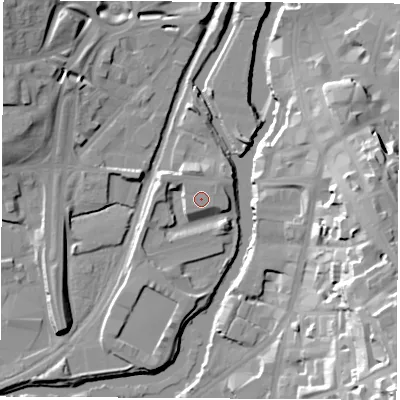 Shaded relief map of the ground around S609ZW, computed from Environment Agency LiDAR. The ground here sits at about 29 m above sea level and falls 41 m across the surrounding 800 m. The ground contributing surface water to this point lies to the north-east.