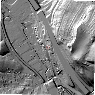 Shaded relief map of the ground around S612DR, computed from Environment Agency LiDAR. The ground here sits at about 50 m above sea level and falls 78 m across the surrounding 800 m. Surface water reaching this point runs off ground lying to the north-east, 8.6 m higher.