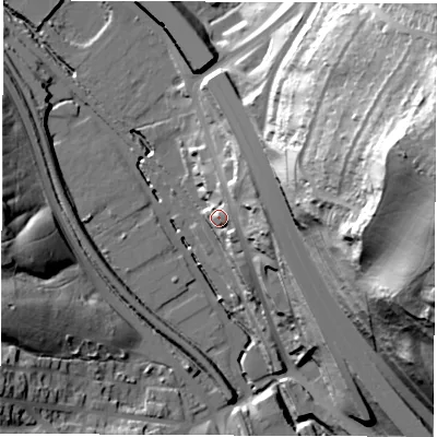 Shaded relief map of the ground around S612DW, computed from Environment Agency LiDAR. The ground here sits at about 48 m above sea level and falls 72 m across the surrounding 800 m. Surface water reaching this point runs off ground lying to the north-east, 8.7 m higher.