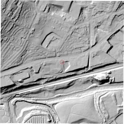 Shaded relief map of the ground around S612NF, computed from Environment Agency LiDAR. The ground here sits at about 49 m above sea level and falls 82 m across the surrounding 800 m. Surface water reaching this point runs off ground lying to the north-west, 56.9 m higher.