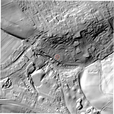 Shaded relief map of the ground around S612QG, computed from Environment Agency LiDAR. The ground here sits at about 97 m above sea level and falls 47 m across the surrounding 800 m. Surface water reaching this point runs off ground lying to the north-north-west, 18.7 m higher.