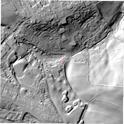 Shaded relief map of the ground around S612QP, computed from Environment Agency LiDAR. The ground here sits at about 90 m above sea level and falls 48 m across the surrounding 800 m. Surface water reaching this point runs off ground lying to the south-west, 12.6 m higher.