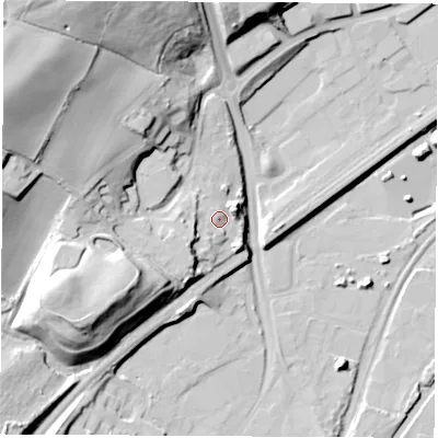 Shaded relief map of the ground around S614QN, computed from Environment Agency LiDAR. The ground here sits at about 33 m above sea level and falls 47 m across the surrounding 800 m. Surface water reaching this point runs off ground lying to the east-north-east, 5.6 m higher.