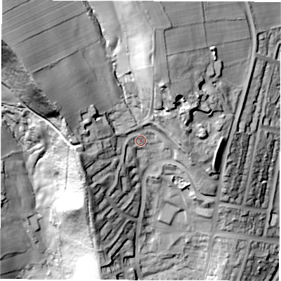 Shaded relief map of the ground around S61FA, computed from Environment Agency LiDAR. The ground here sits at about 179 m above sea level and falls 93 m across the surrounding 800 m. Surface water reaching this point runs off ground lying to the north-west, 45.1 m higher.
